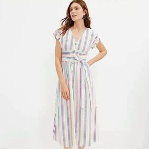 LOFT A-Line Tie Waist 100% Cotton Midi Dress with Rainbow Stripes - Sz 10 Petite